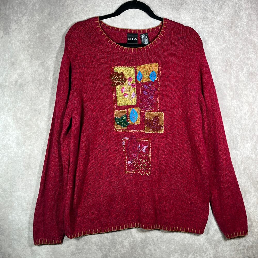 Erika Sweater Womens Medium Red Embroidered Long Sleeve Crew Neck Fall Artsy